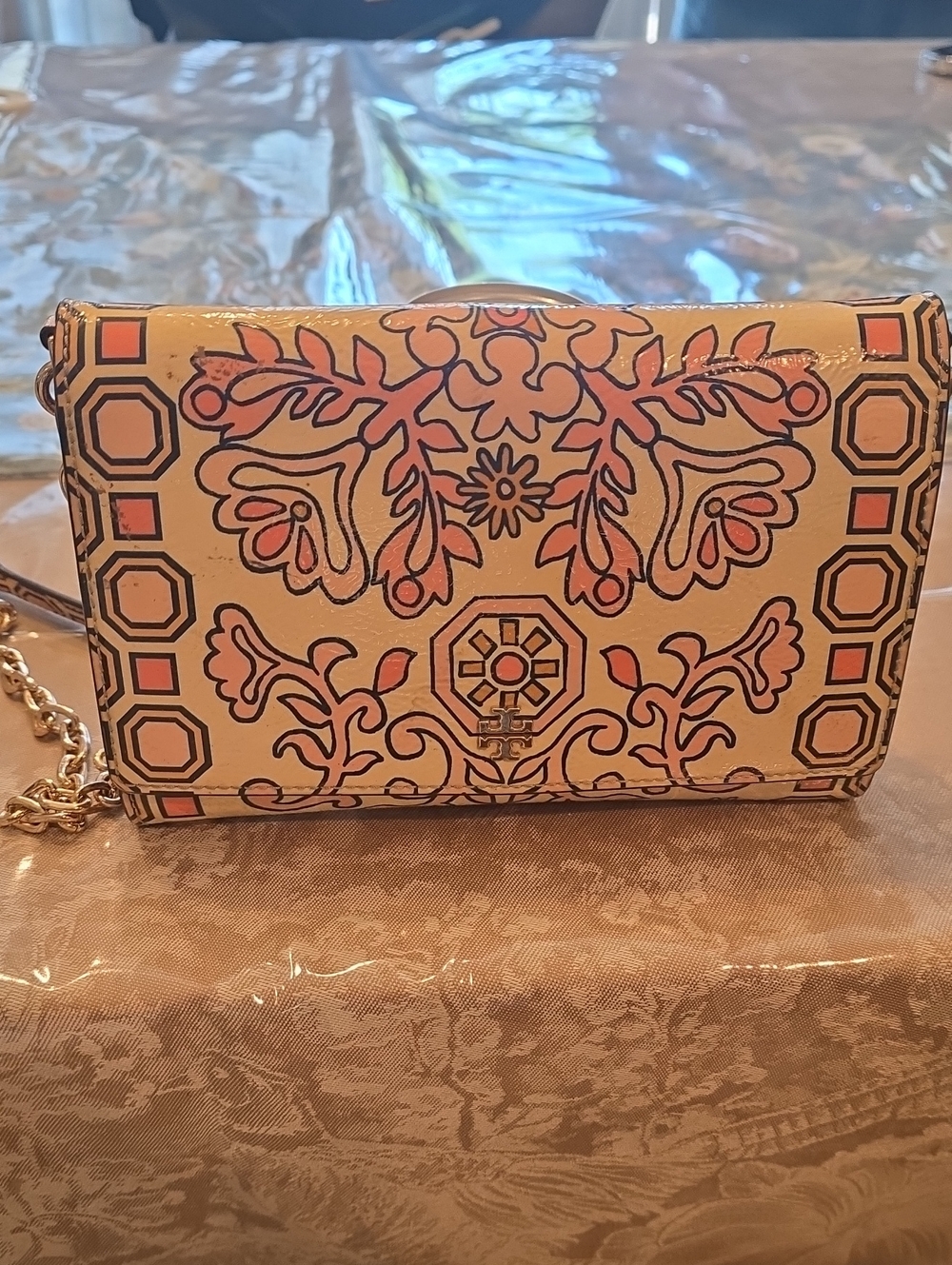 Tory Burch Floral Printed Crossbody in Cream and Pink with Gold Chain